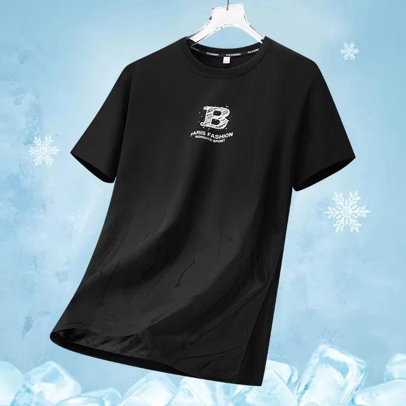 Men's Fashion Print Short Sleeve T-Shirt Summer Thin Breathable Quick Dry Ice Silk Outdoor Running Tees Tops