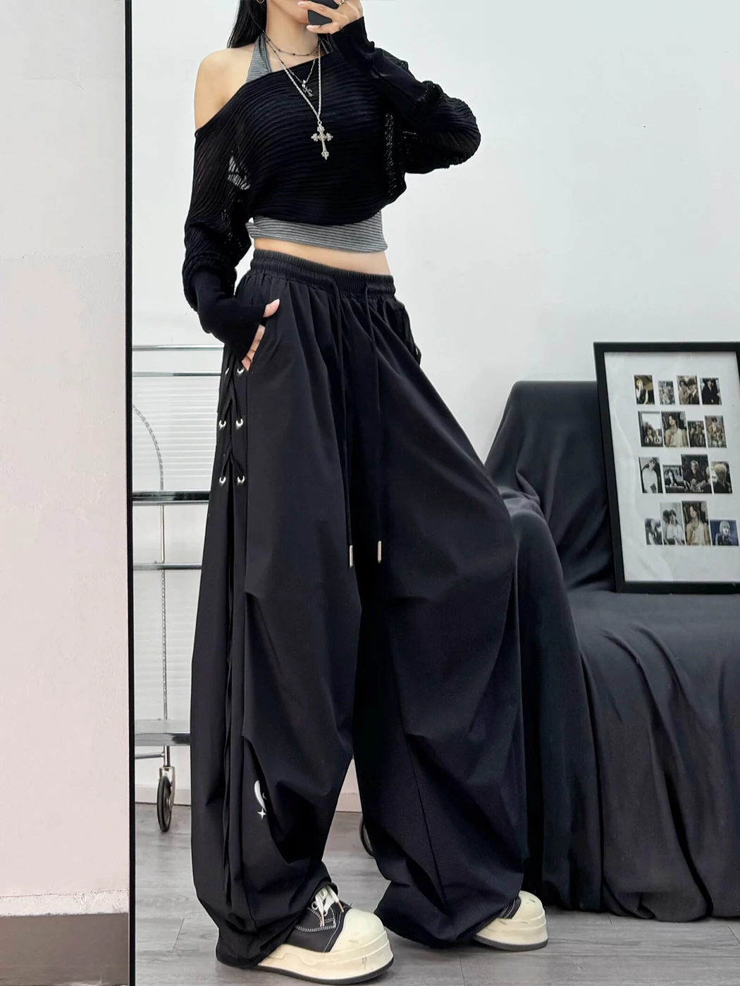 Pantaloni Casual Americani con Cintura, Nuova Moda Autunnale per Donna, Pantaloni Sportivi Larghi e Snellenti a Vita Alta e Gamba Dritta