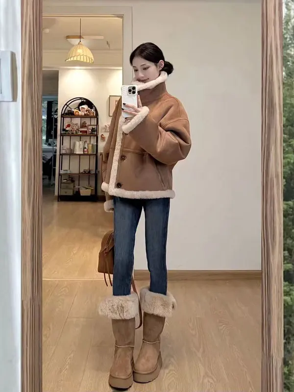 

Ретро Faion Thiened ort Меховая кожа Встроенный воротник-стойка Jaet Sli Топ Зимняя женская одежда Путешествия Офис...