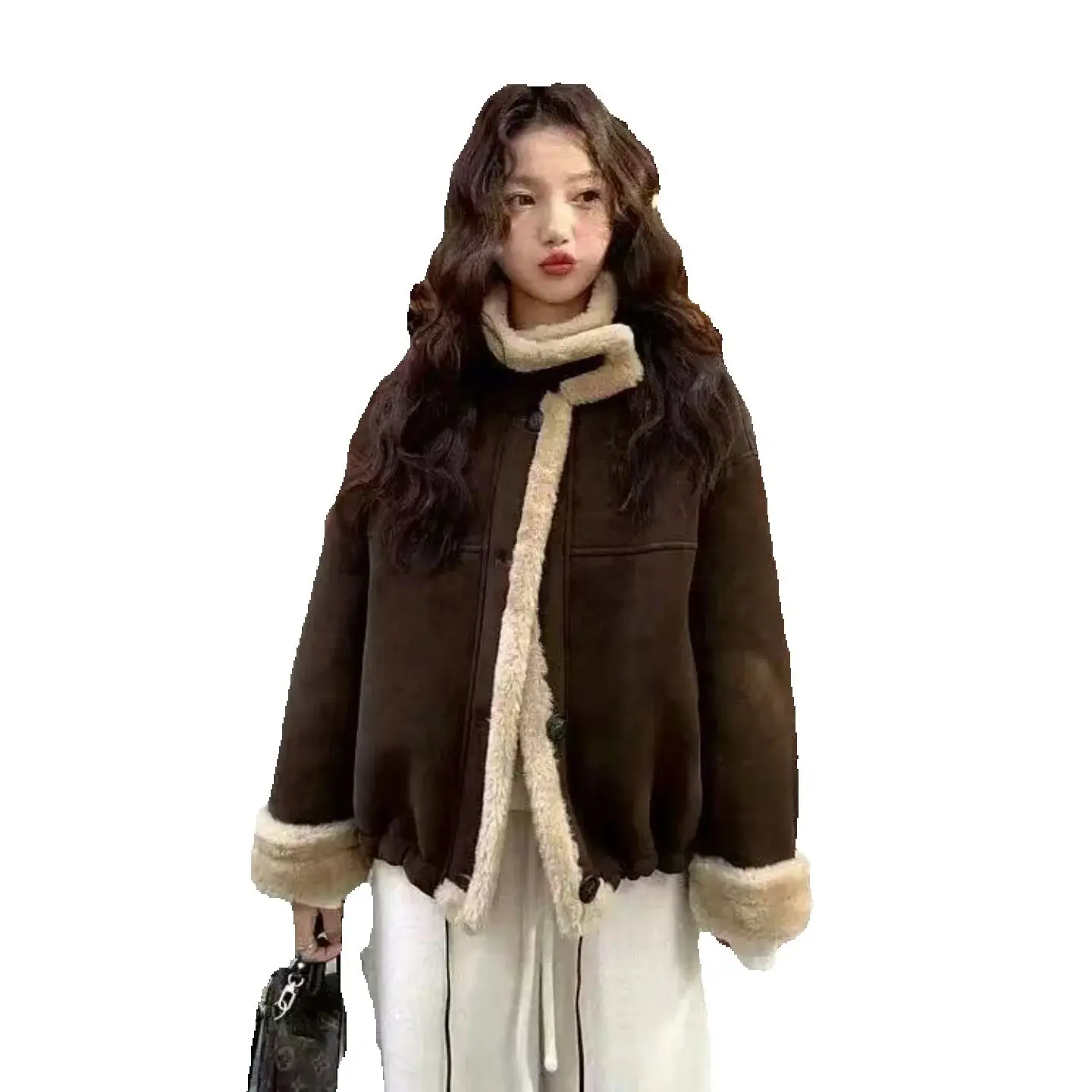 

Экологичная женская мотоциклетная куртка из утолщенной теплой овчины с воротником-стойкой, короткая шуба в стиле ретро с зимним дизайном.