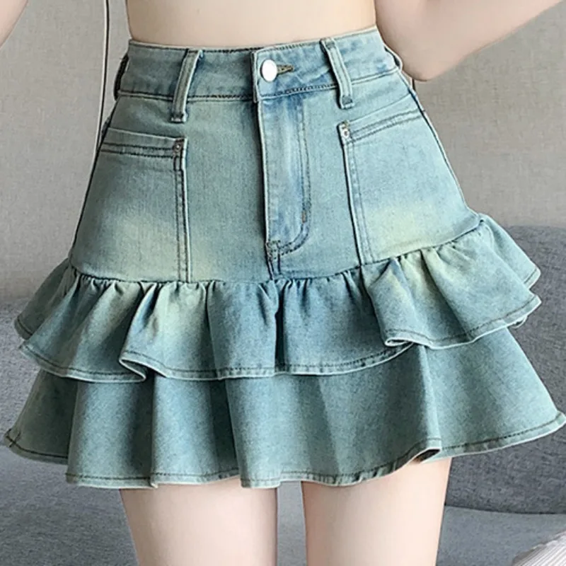 

ZXRYXGS High Waisted Double Layered Ruffled Edge Fluffy Skirt 2024 New Spring Summer Short Denim Skirt Women Skirts