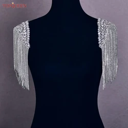 TOPQUEEN SP48 3D Rhinestones Beaded Tassels Patch Epaulettes Sew Clothes Dress Gown Bridal Wedding Shoulder Accessories Handmade