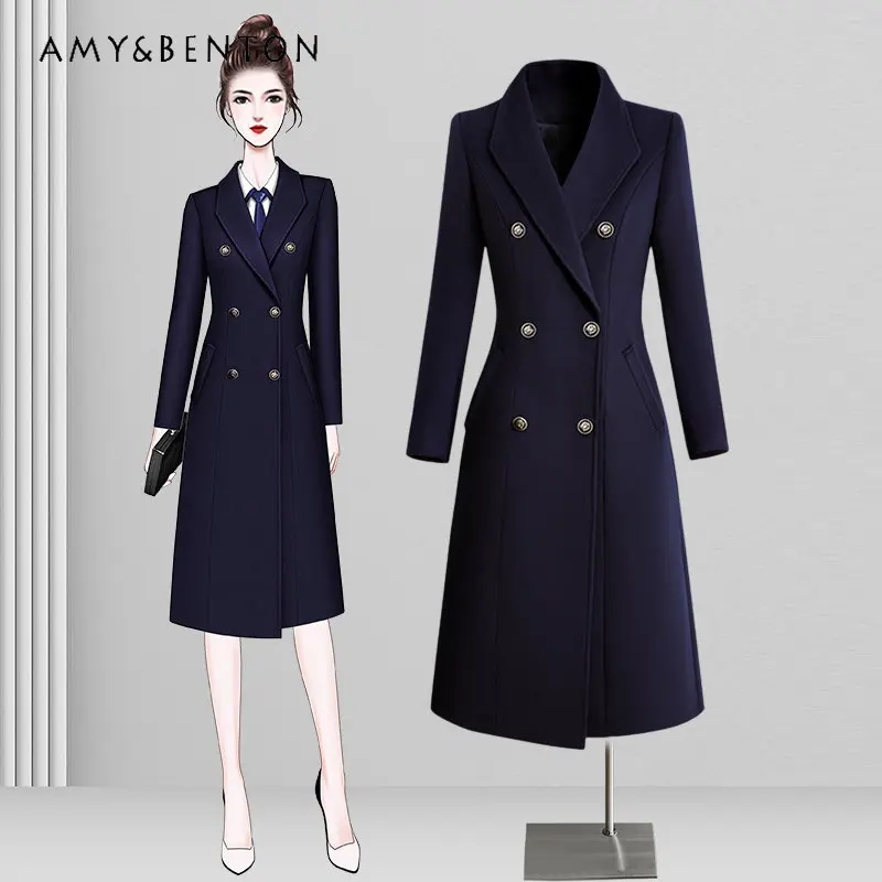 

Elegant Lapel Professional Woolen Coat Women's Autumn Winter Slim Double-Breasted Long Woolen Coat Hotel Work Clothes