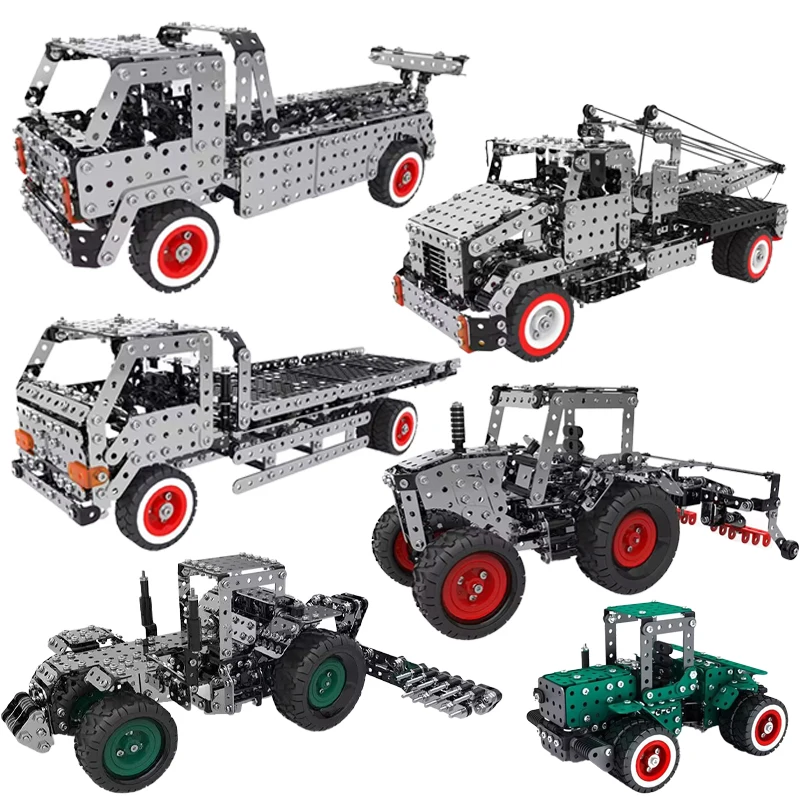 Screw Nut Metal Building Block Assembly Engineering Vehicle City Rescue Trailer Boy Tractor Model Toy Birthday Gift