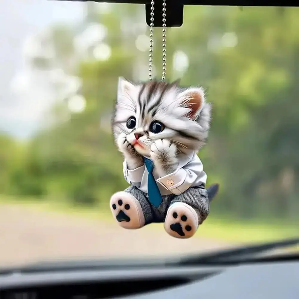 

Car Pendant Hanging Ornament With Chain Realistic Animal Cat-Shaped Rearview Mirror Hanging Decor Car Interior Accessories