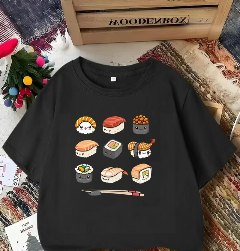 Women's Sushi Anime Print T-Shirt - Cute Cartoon Sushi Characters Short Sleeve Crew Neck Casual Top Harajuku Short Sleeve Casual