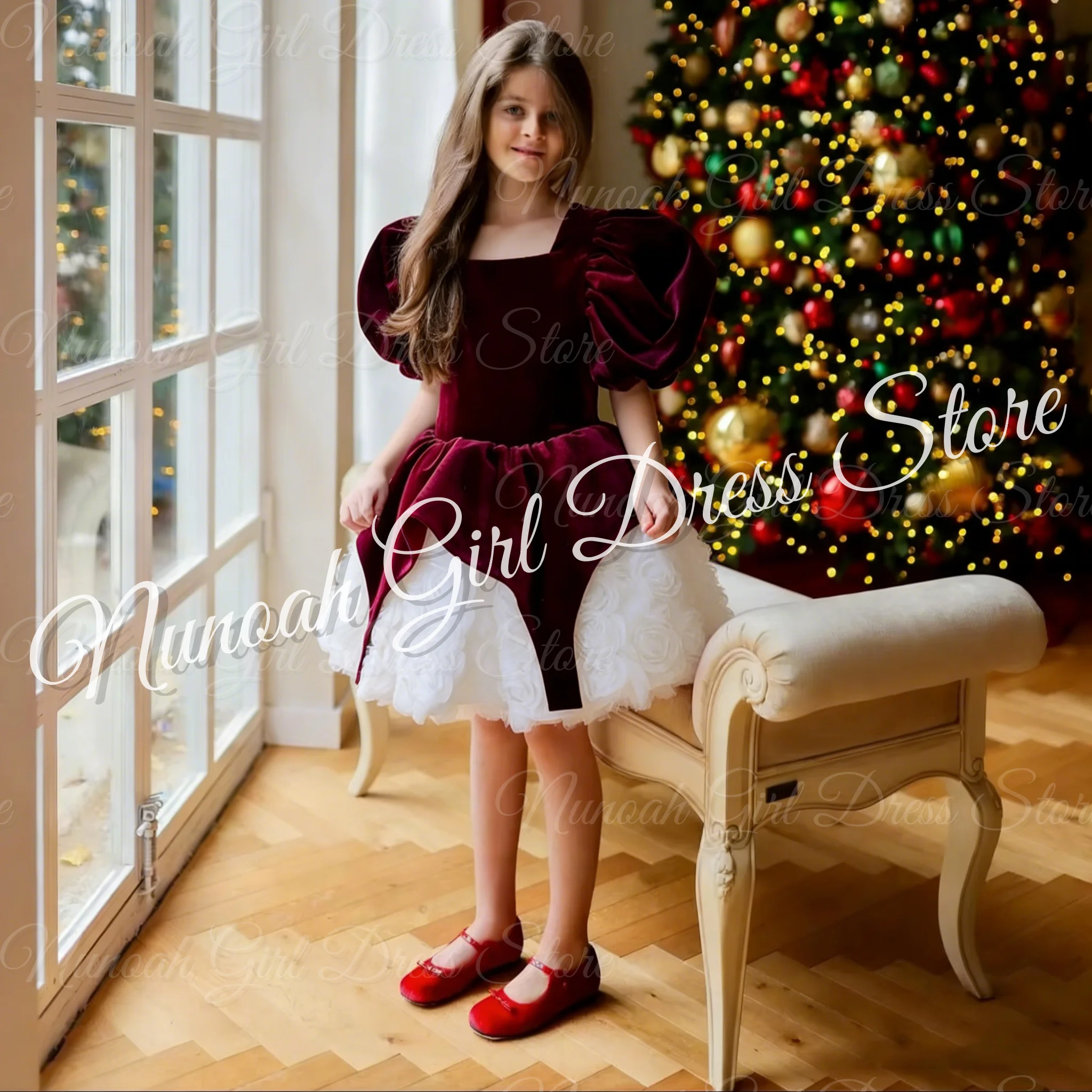 

Burgundy Lovely Flower Girl Dresses for Wedding Floral Knee Length Birthday Gown for Photoshoot First Communion Gowns Customized