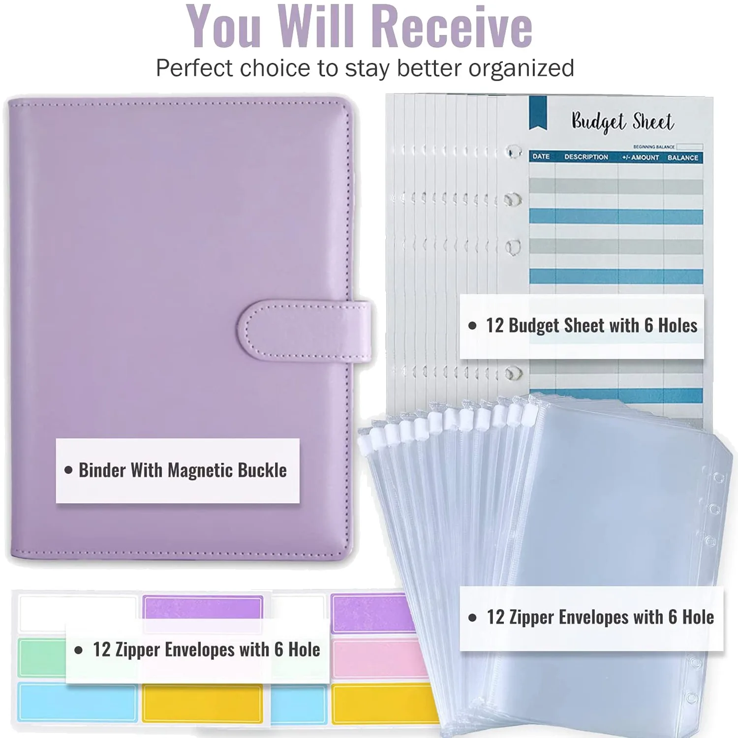 ซองเงินสดแฟ้มงบประมาณพร้อม A6ประสานและซองจดหมายพีวีซีใส12ซองกระเป๋าใส่เงิน (สีม่วง)