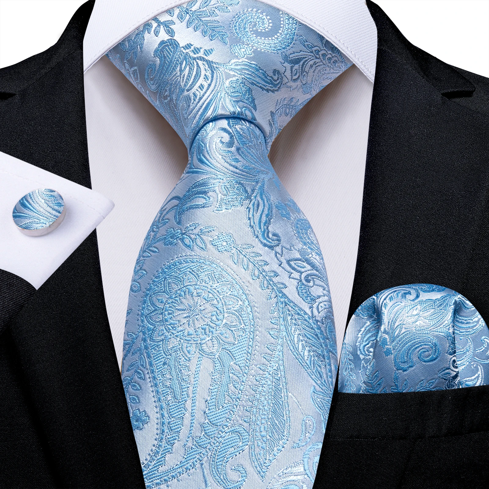 Cambridge Blue Ties for Men Striped Paisley Floral Wedding Party Formal Necktie Handkerchief Cufflinks Gift Dropship