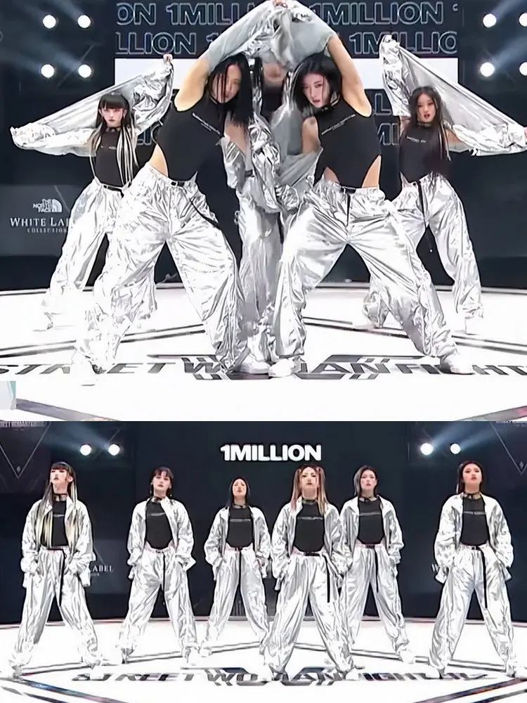 

Adult Bright Silver Jazz Dance Outfit Women's up Performance Costume Hip Hop Street Dance Suit Stage Performance Tradition...