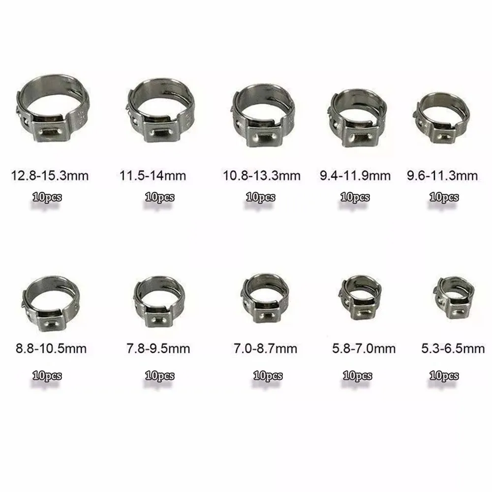 100pcs Single Ear Hose Clamps (5.3-15.3mm) 304 Stainless Steel O Fuel Pipe Clip Hose Set for Auto/Home Appliance/Pipe/Fuel Line