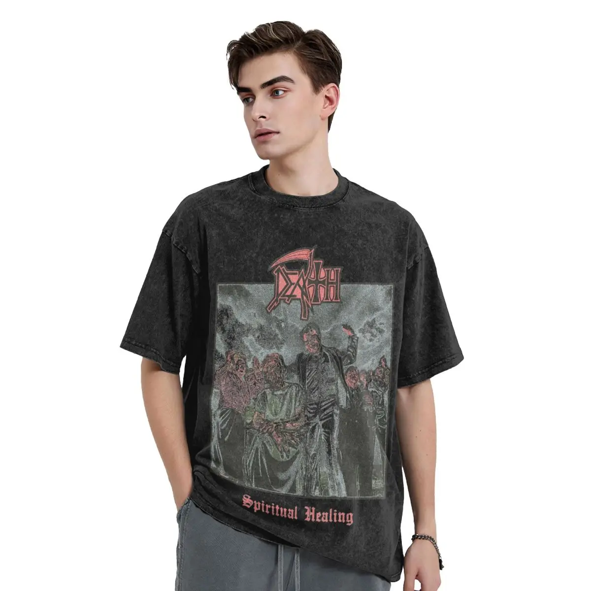 Death Spiritual Healing Distressed Washed T Shirt Streetwear Hip Hop T-Shirts Band Tees for Men Women Cotton Oversize Summer