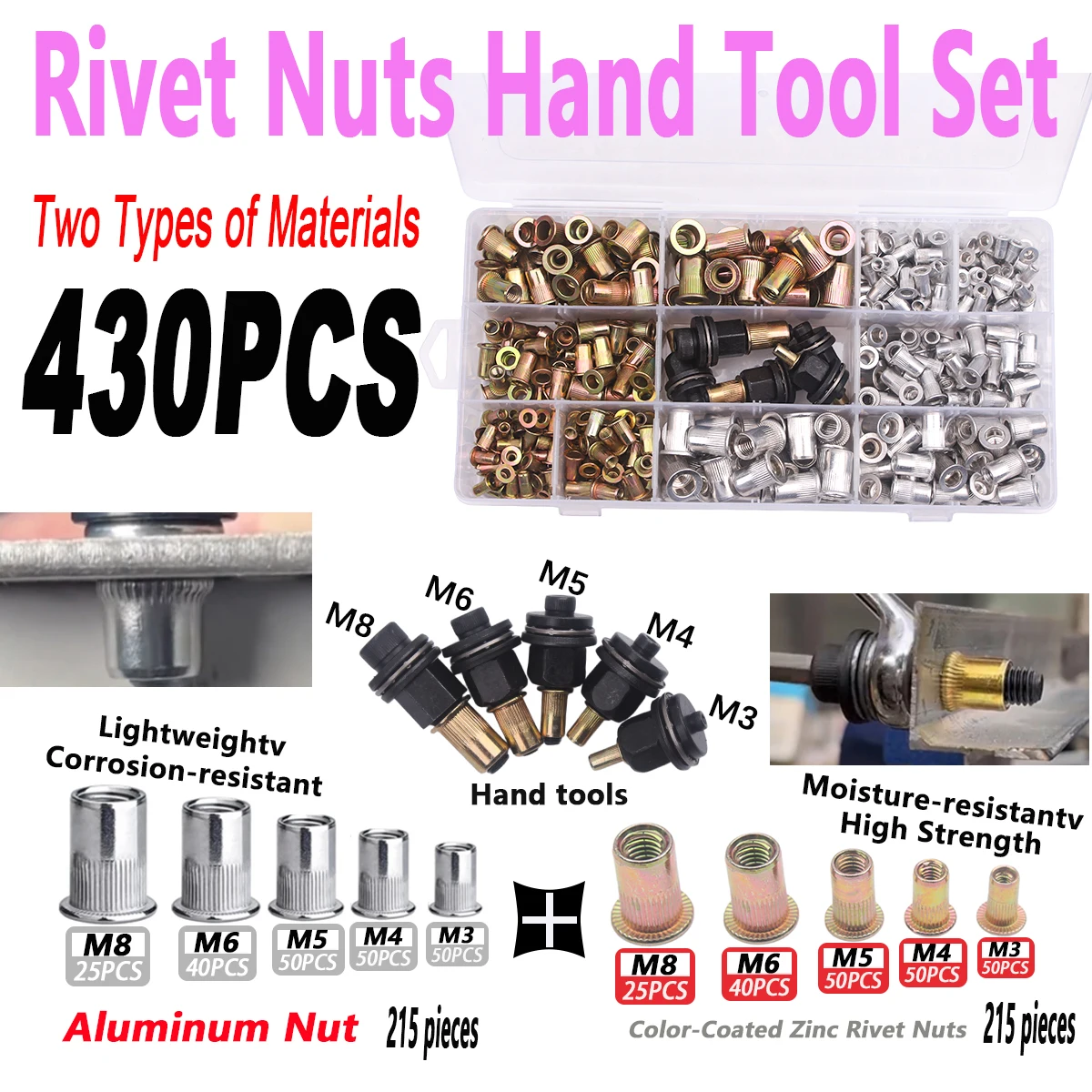 Set di 430 Pezzi di Rivetti e Dadi con Utensili Manuali, Include Rivetti in Zinco Colorato e Alluminio (M3, M4, M5, M6, M8) in 5 Misure, Adatto per Mo