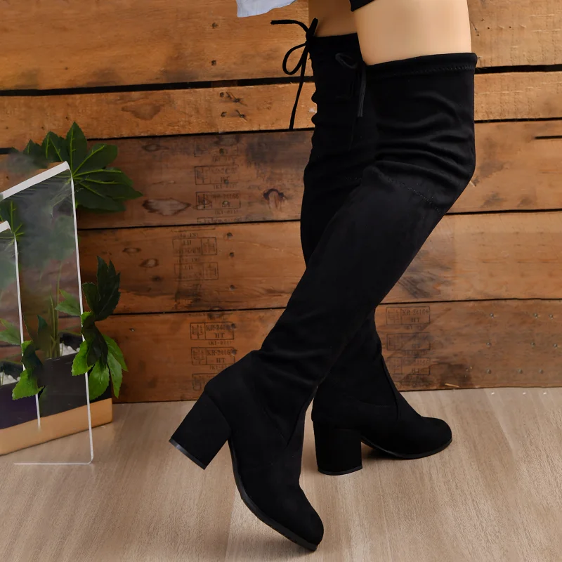 Thigh High Sock Boots Women Over-the-knee 2023 Autumn Winter Chunky Heels Black Designer Elegant Sexy Medium Heel