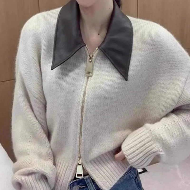 Women Knit Sweater Zipper Turn Down Collar Patchwork Sweaters Jumpers Casual Splice Full Sleeve Warm Thick Sweater Autumn Winter