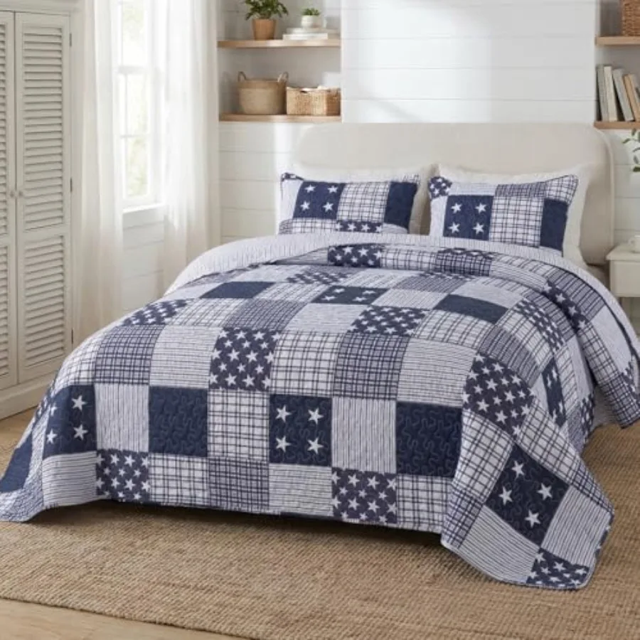

3-Piece Quilt Set - Size with 2 Shams Lightweight Patriotic Bedding in Blue and White with Star and Plaid Patterns Quilted Beds