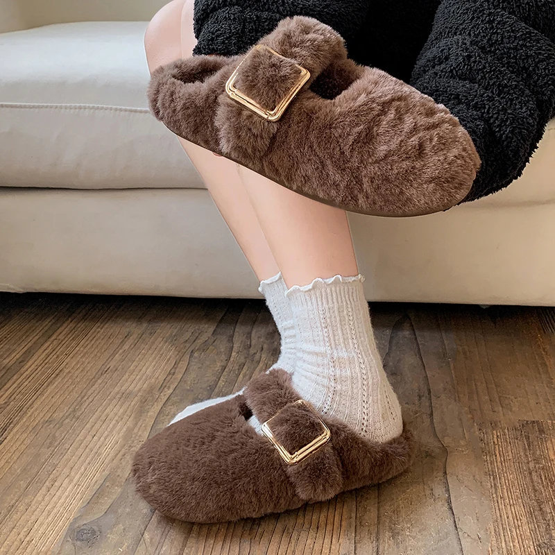 Modische Winter-Plüsch-Hausschuhe für Damen mit quadratischer Schnalle, rutschfester Plattform, warme Outdoor-Fell-Slides – Detail 8
