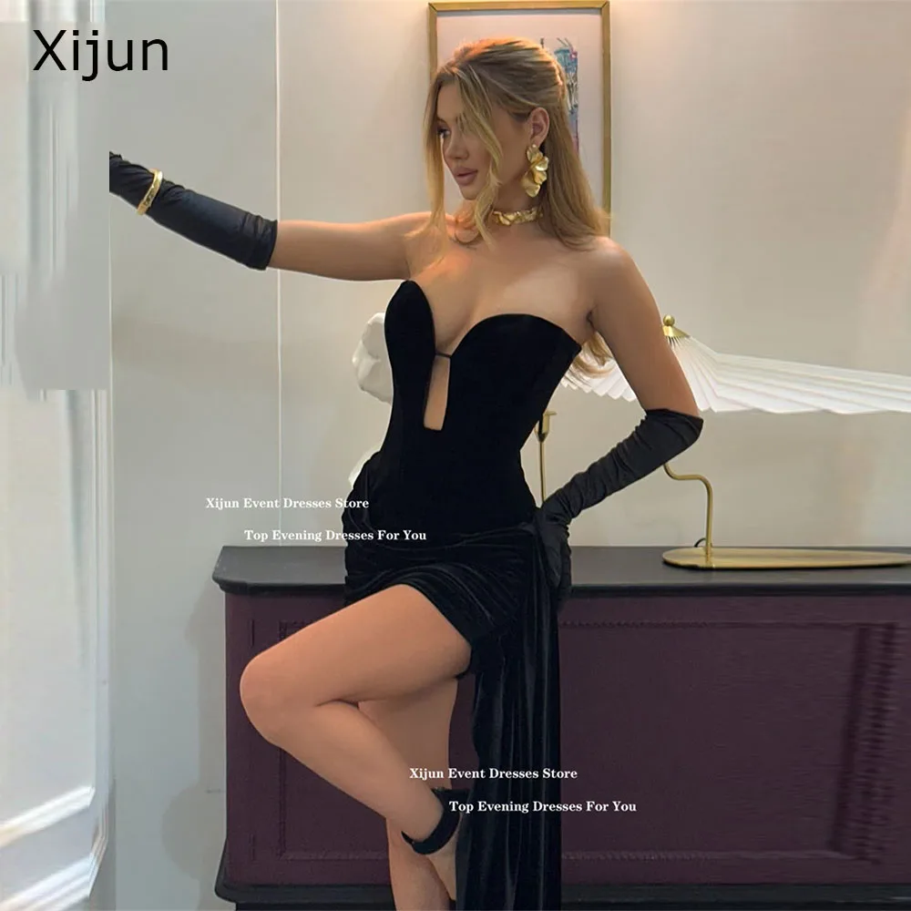 

Xijun Modern Black Short Evening Dresses Velvet Sweetheart Formal Mini Prom Dresses With Gloves Birthday Party Gowns Customized