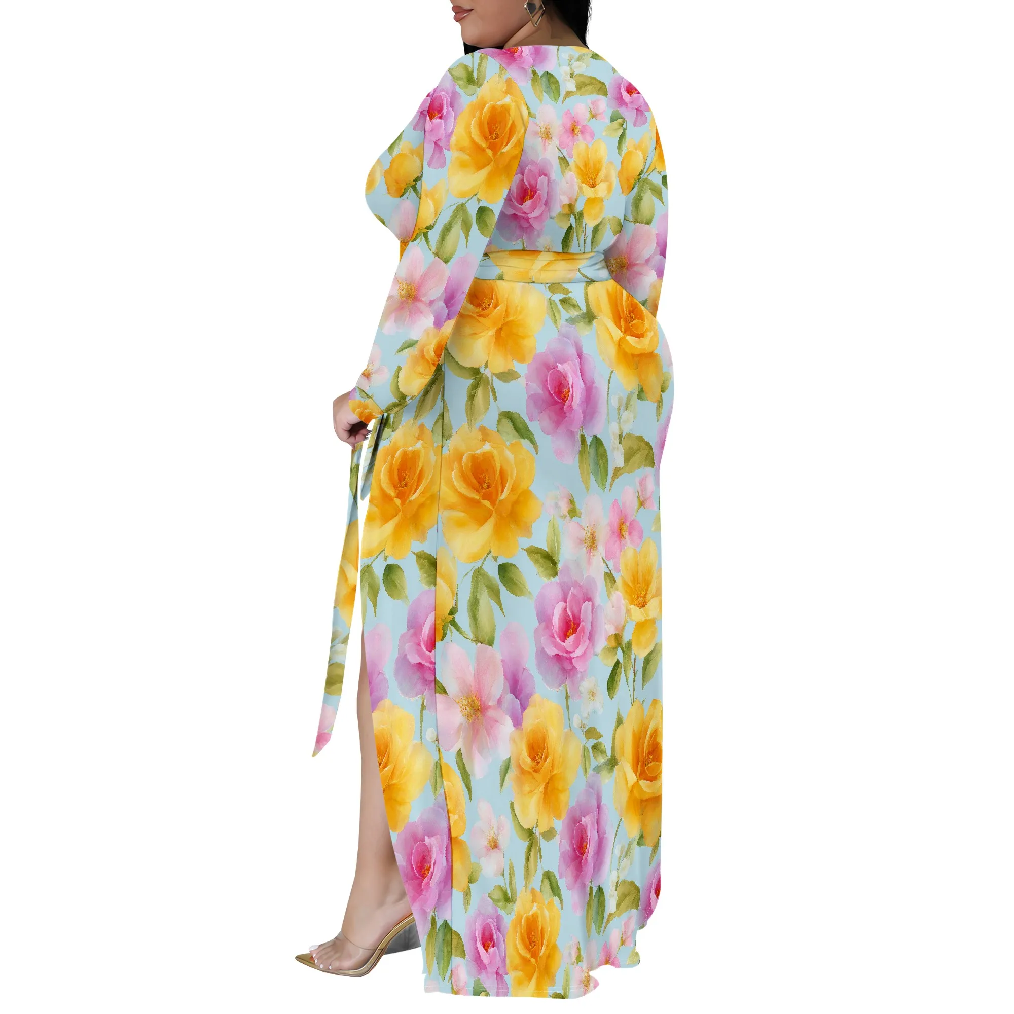 Plus Size Dresses for Women Floral Print Maxi Dress Slit Flowy 3/4 Sleeve with Belt
