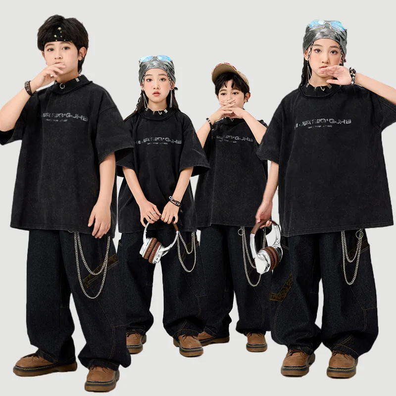 

Kid Kpop Hip Hop Clothing Black Mock Neck T Shirt Top Denim Leopard Pocket Jeans Cargo Pants for Girl Boy Dance Costumes Clothes