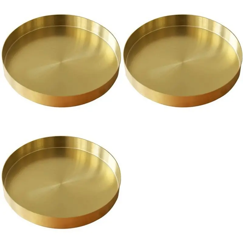 2025 Trend 3X Round Gold Tray,Metal Decorative Tray Makeup Tray Organizer For Vanity,Bathroom,Dress,Matte Brass Finish, 7.9 Inch