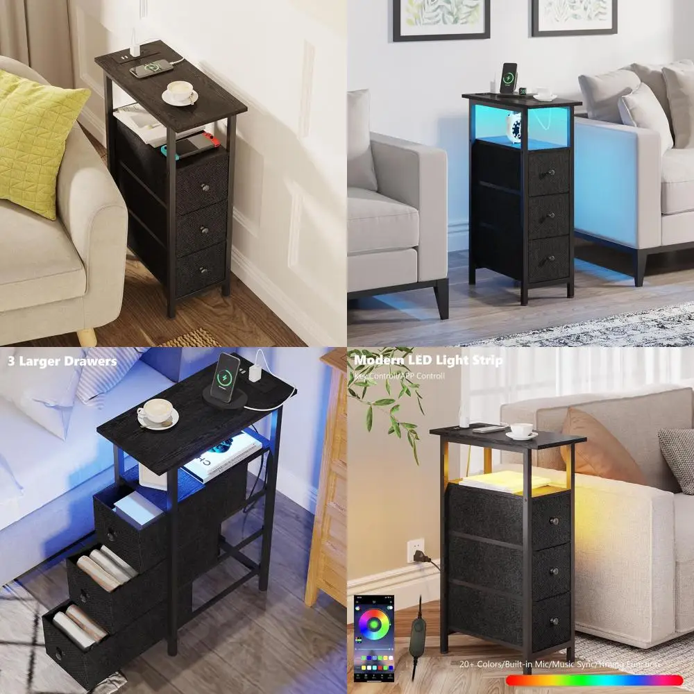 

Компактный черный приставной столик со светодиодной подсветкой, тканевым ящиком для хранения (3 секции) и зарядной станцией для спальни и гостиной