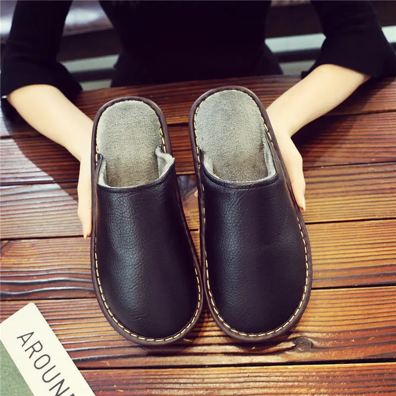 Soft Short Plush Men's Slippers Plus Size 44-45 Indoor Leather Slippers Winter Fashion Shoes 2026 New Unisex Home Slippers