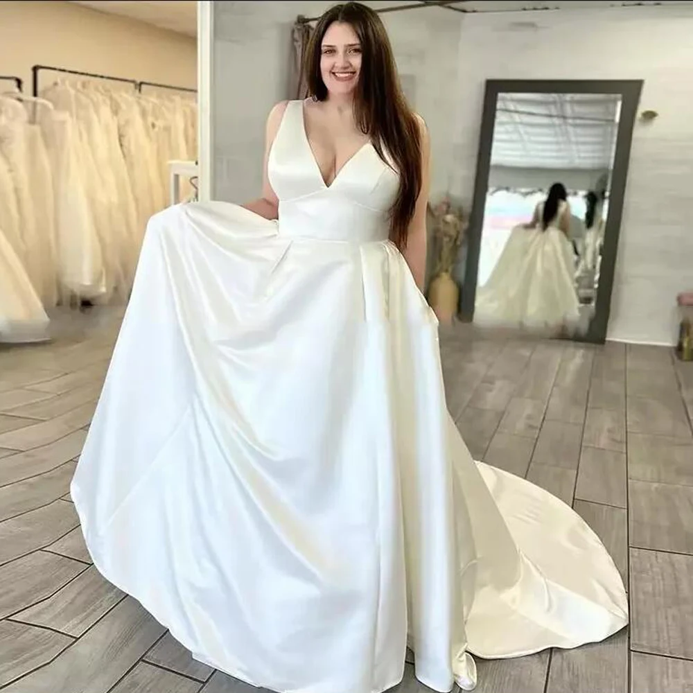 Vestidos de novia elegantes con cuello en V, vestidos de novia largos sin mangas de satén, línea A