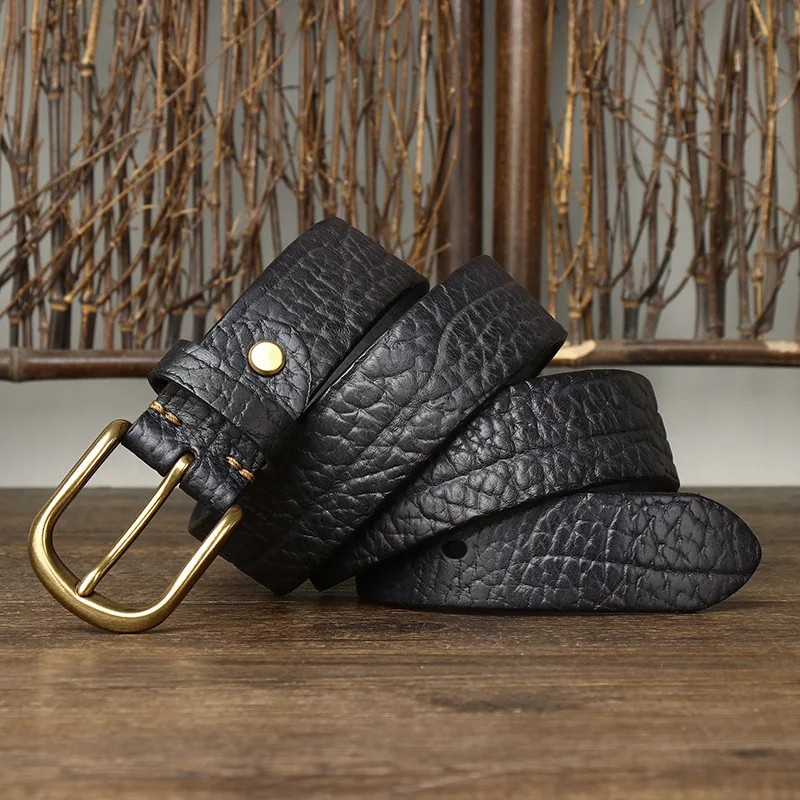 두꺼운 최상층 소가죽 바이슨 가죽 벨트 남성용 정품 가죽 핀 버클 레트로 남성용 청바지 벨트