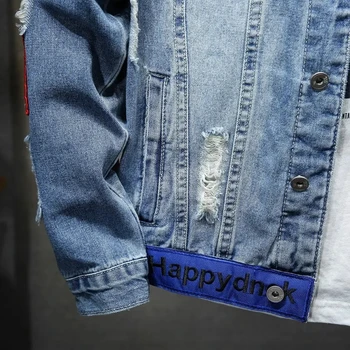 Men Brand Denim Jacket Streetwear Punk Motorcycle Ripped Print Cowboy Coats High Quality Casual Hole Loose Male Jeans Outwear 5