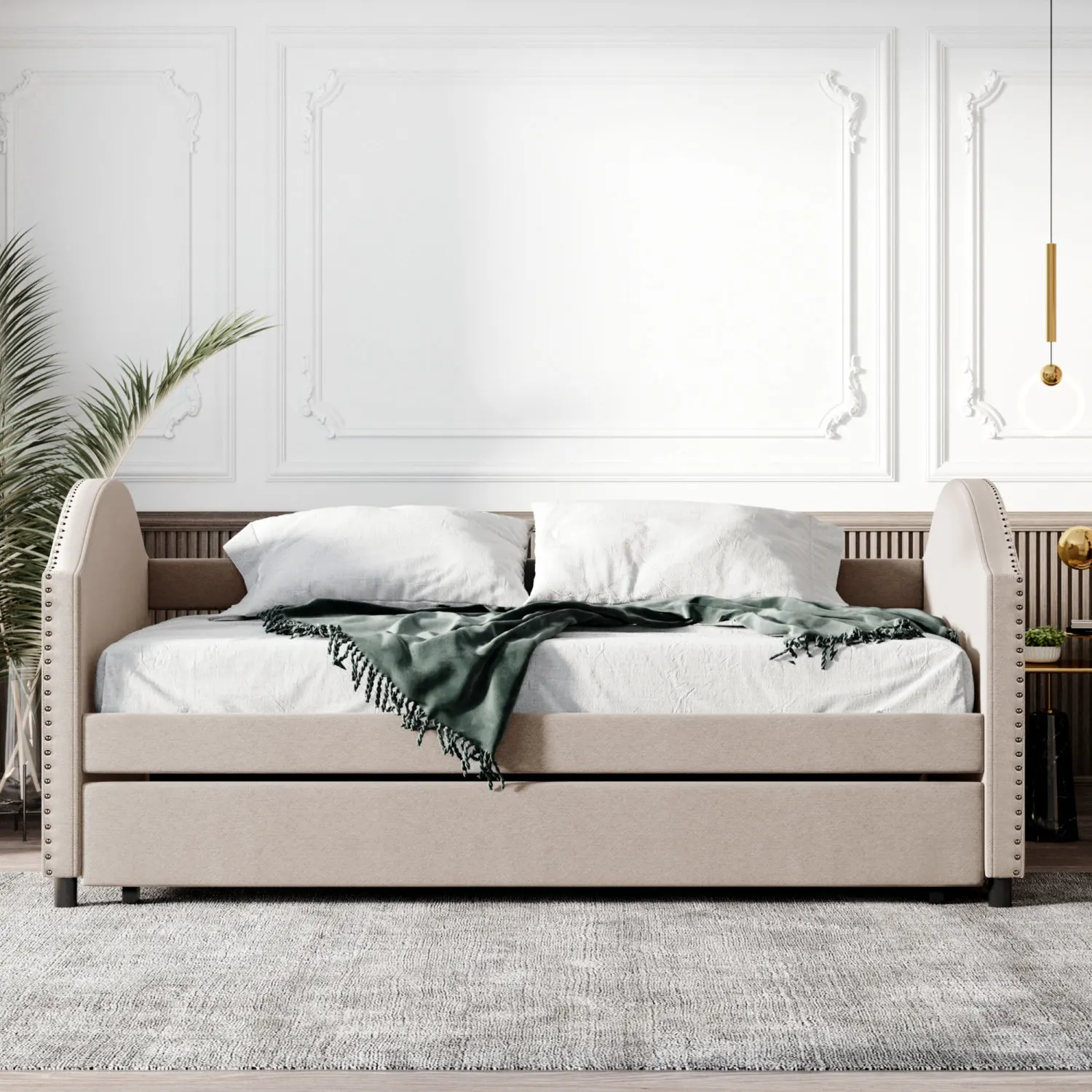 Full Size Upholstered Daybed with Twin Trundle, Wood Slat Support, Beige