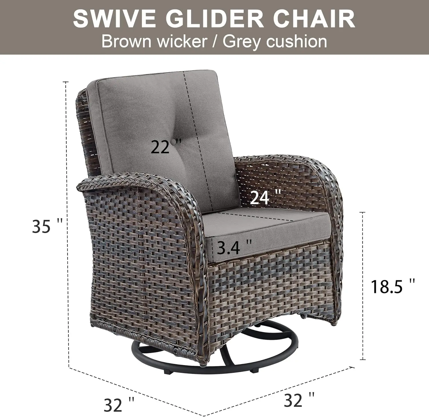 Brown Wicker 2 in 1 Porch Glider Swivel Chair with Thick Grey Cushion, 300 Lb Weight Capacity for Outdoor Use