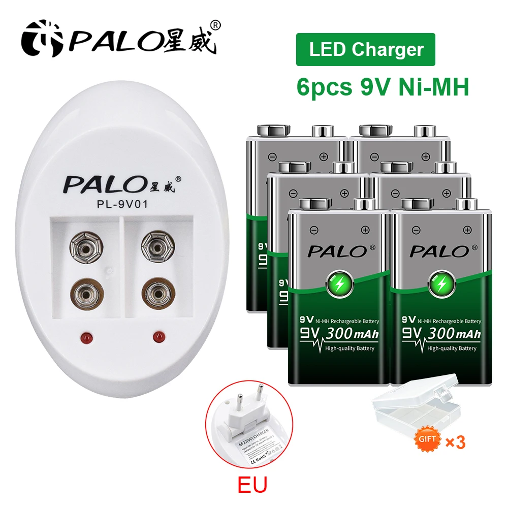 PALO 9V NI-MH Bateria Rechargeable 300mAh with Smart Battery Charger For 6F22 9V NiCd NiMh Lithium Rechargeable batteries 9v