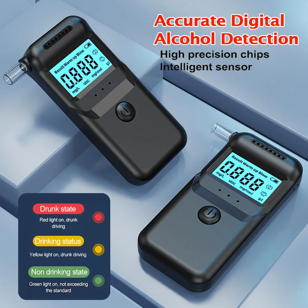 LCD Breath Alcohol Tester with 5 Mouthpieces Professional Digital Breathalyzer Alcohol Detector with 3 Lamps for Drunk Driving