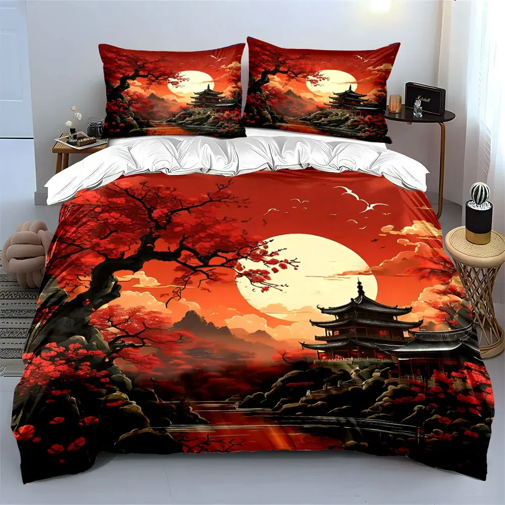 Oriental Landscape Art Set Decor Soft Comfortable Duvet Cover Bedding Set Included 1*Duvet Cover & 2*Pillowcases, gift