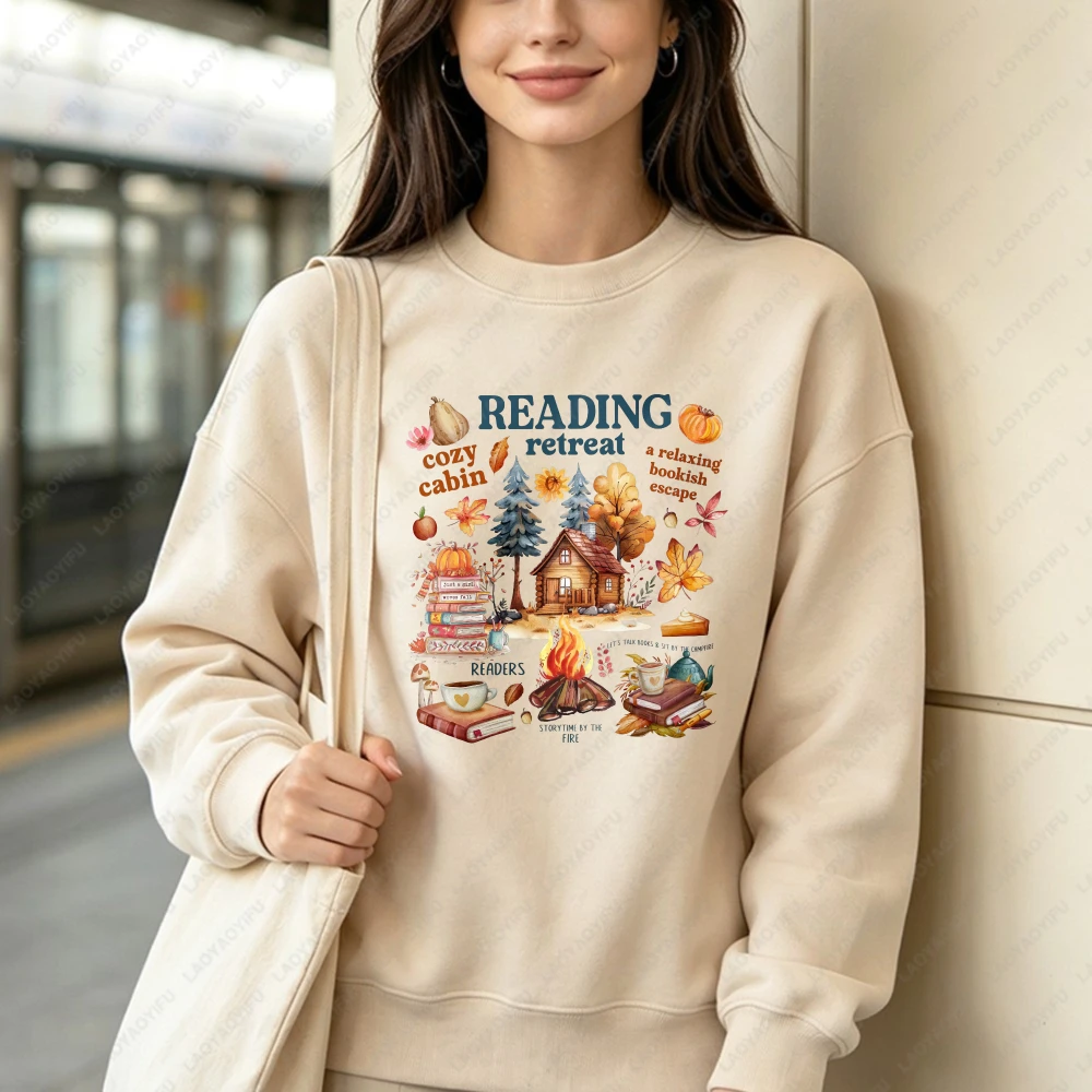Cozy Cabin Reading Retreat Sweatshirt Fall Bookish Pullovers Book Lover Crewneck Hoodie Autumn Cozy Readers Preppy Sweater Hoody