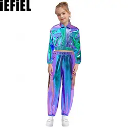 Kids Boys Girls Metallic Dance Outfit Jacket Turn-Down Collar Long Sleeve Outwear with Shiny Pants for Hip-Hop Jazz