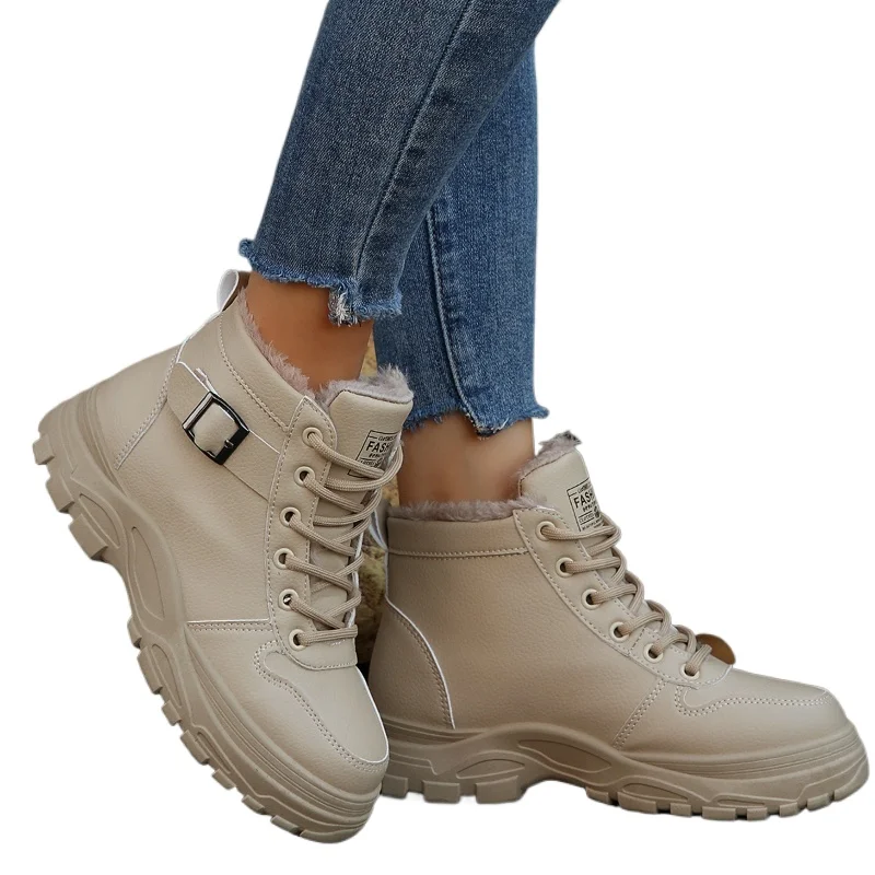 2026 Neue Damen-Winterstiefel, Warm Gefüttert, Schnürung, Klobige Knöchelstiefel mit Seitenschnalle, Komfortable Stiefeletten, Große Größen 36-43