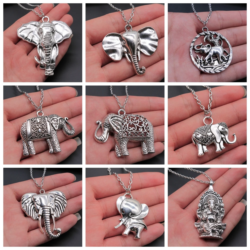 Thai Elephant Pendant Necklace Fashion Vintage Antique Silver Color Big Elephant Necklace Long Chain Metal Chain Necklace