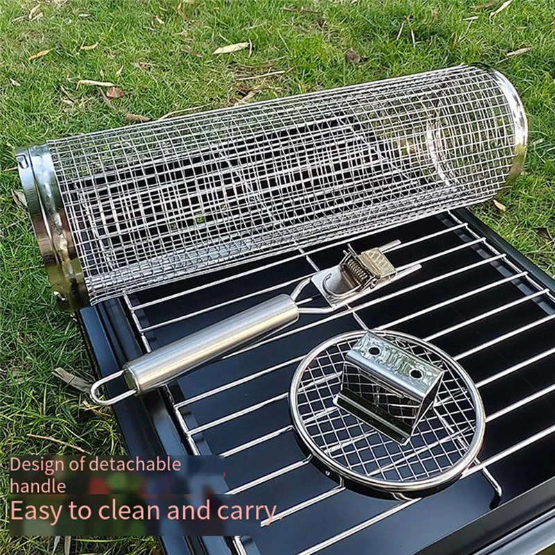 

AZ-Rolling Grilling Baskets For Outdoor Barbecue Cage With Handle Grill Bbq Net Tube Stainless Steel Large Round Mesh