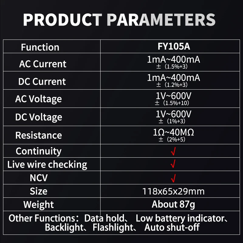 Mastfuyi fy105a handheld digital multimeter lcd hintergrund beleuchtung tragbare ac/dc ampere meter voltmeter ohm spannungs tester meter multi metro