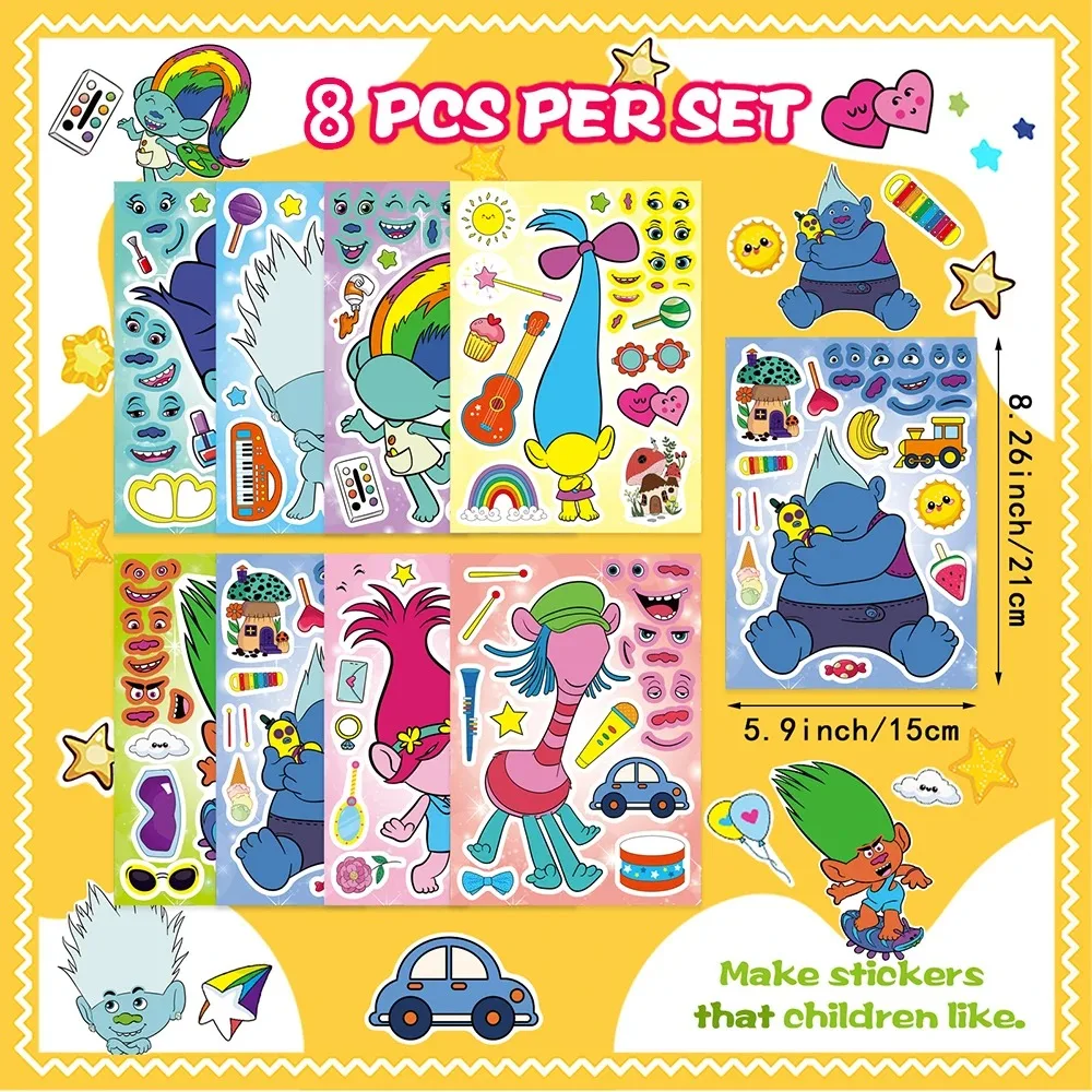 8/16Sheets Make a Face Trolls Puzzle Stickers Cute Cartoon Children DIY Jigsaw Educational Toys Kids Assemble Game Decals Gifts