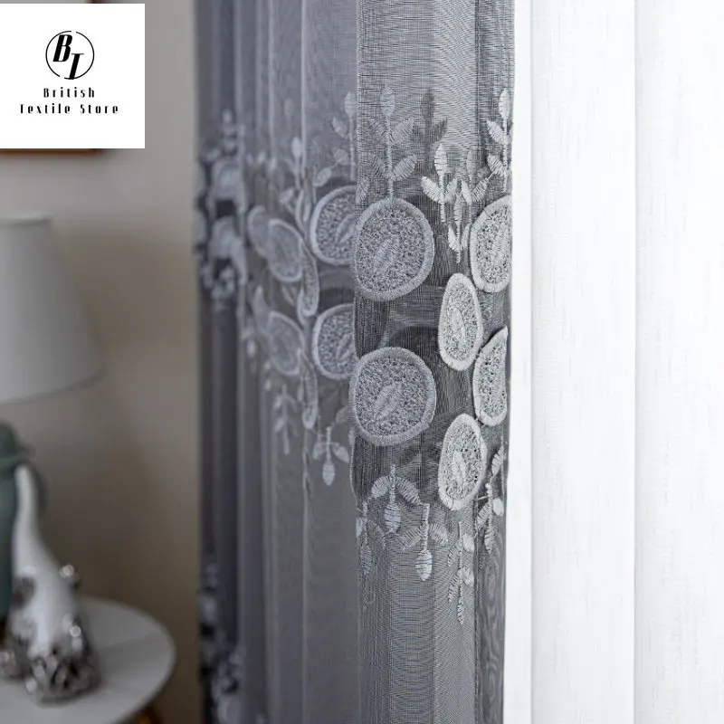 3D Embossed Embroidery Gray Tulle Curtains for Living Room Bedroom Dining Modern Voile Sheer Fabric Bedroom Luxury Custom Size
