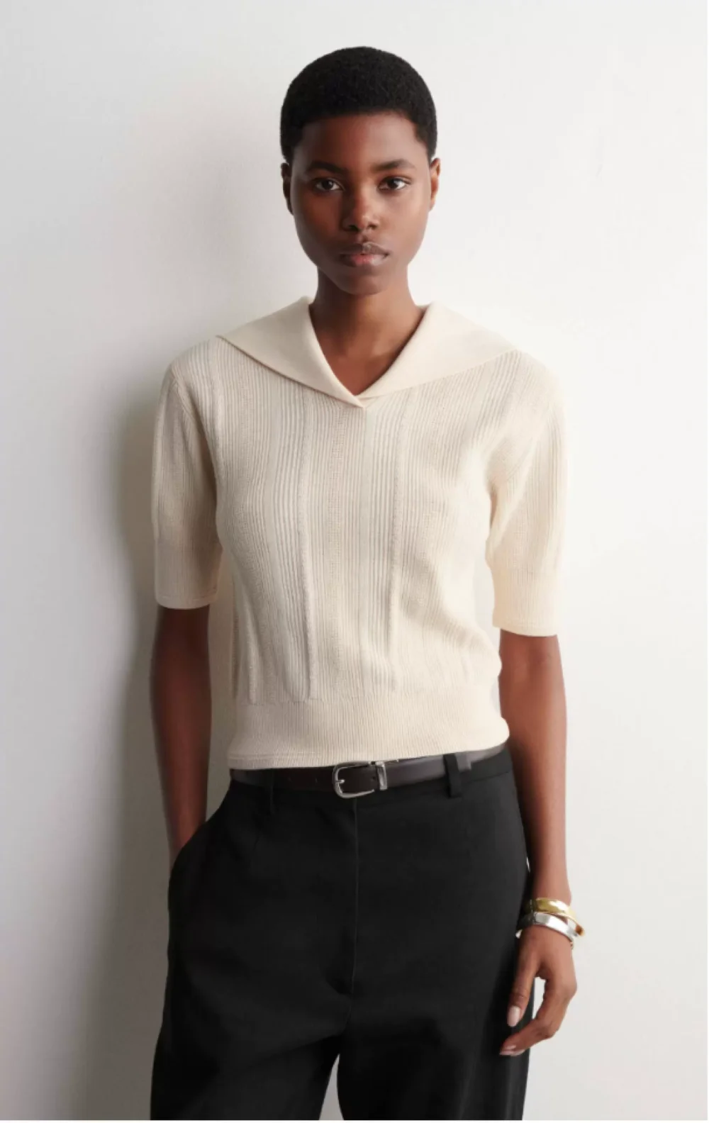 

XIMIAN APPAREL 2026 YAZHIMEI traf cos spring new style of Women's wool blend ivory crew-neck short-sleeved rib-knit sweater