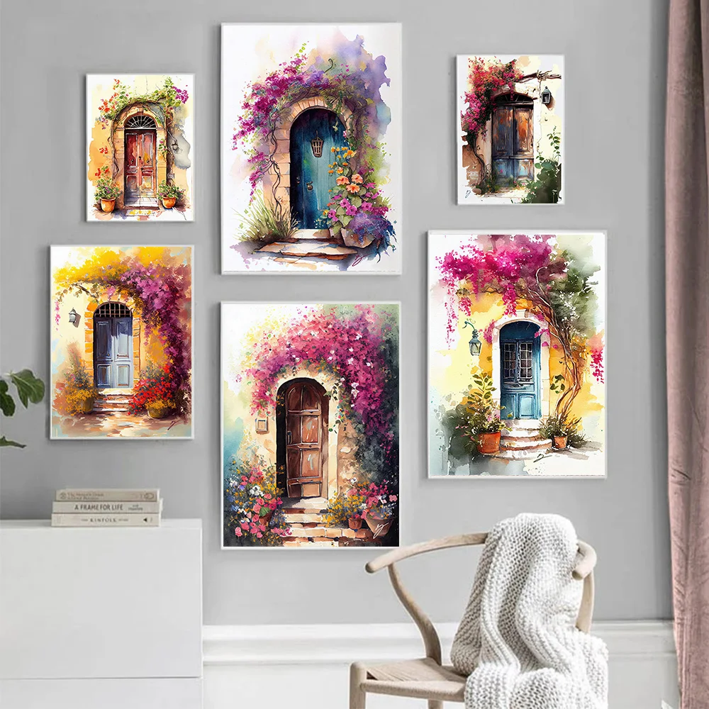 

Abstract Fantasy Town Porch With Blooming Flowers Aesthetic Posters Prints Watercolor Art Landscape Canvas Painting Home Decor