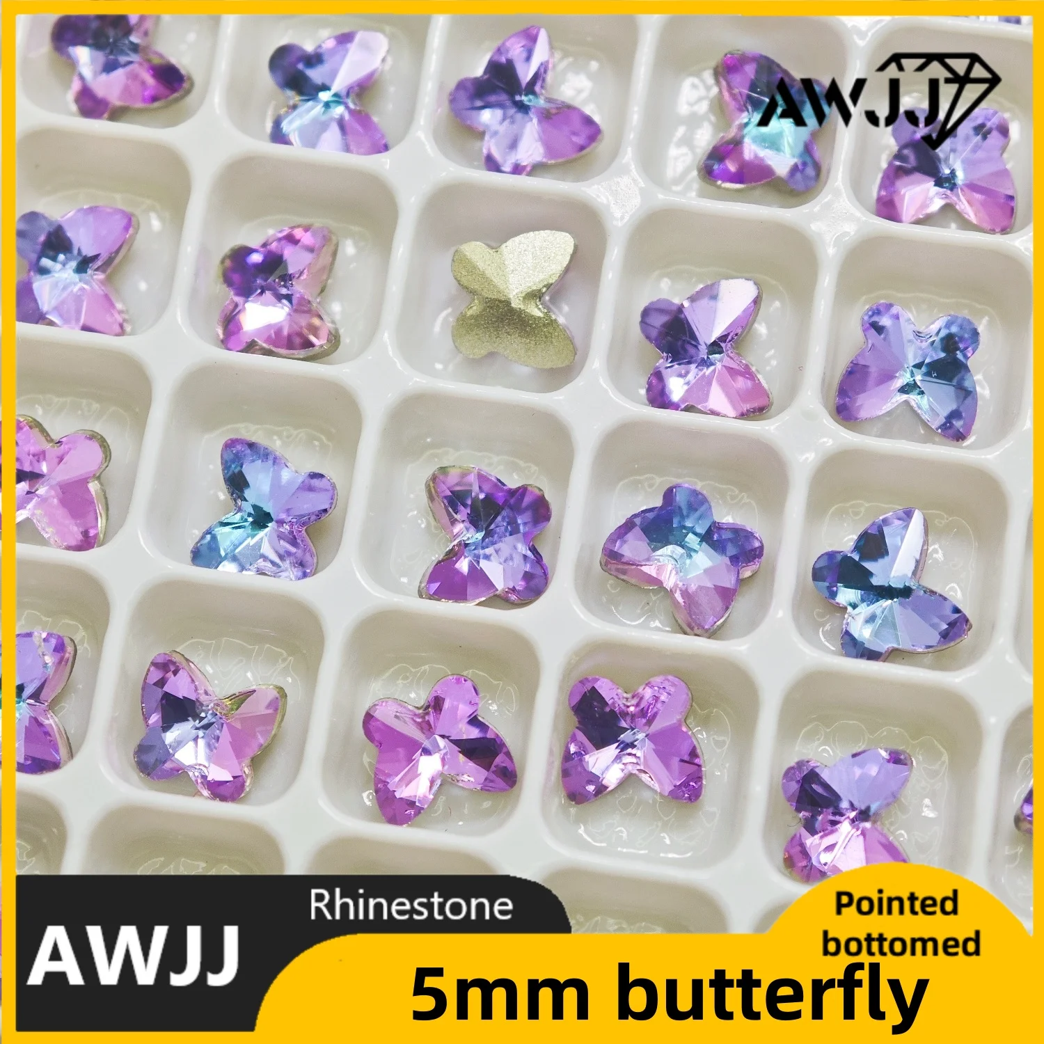 5mm Butterfly-shaped Pointed Bottom Glue-On Rhinestones Decoration Sparkling High Quality for Nails, Clothing & DIY Crafts
