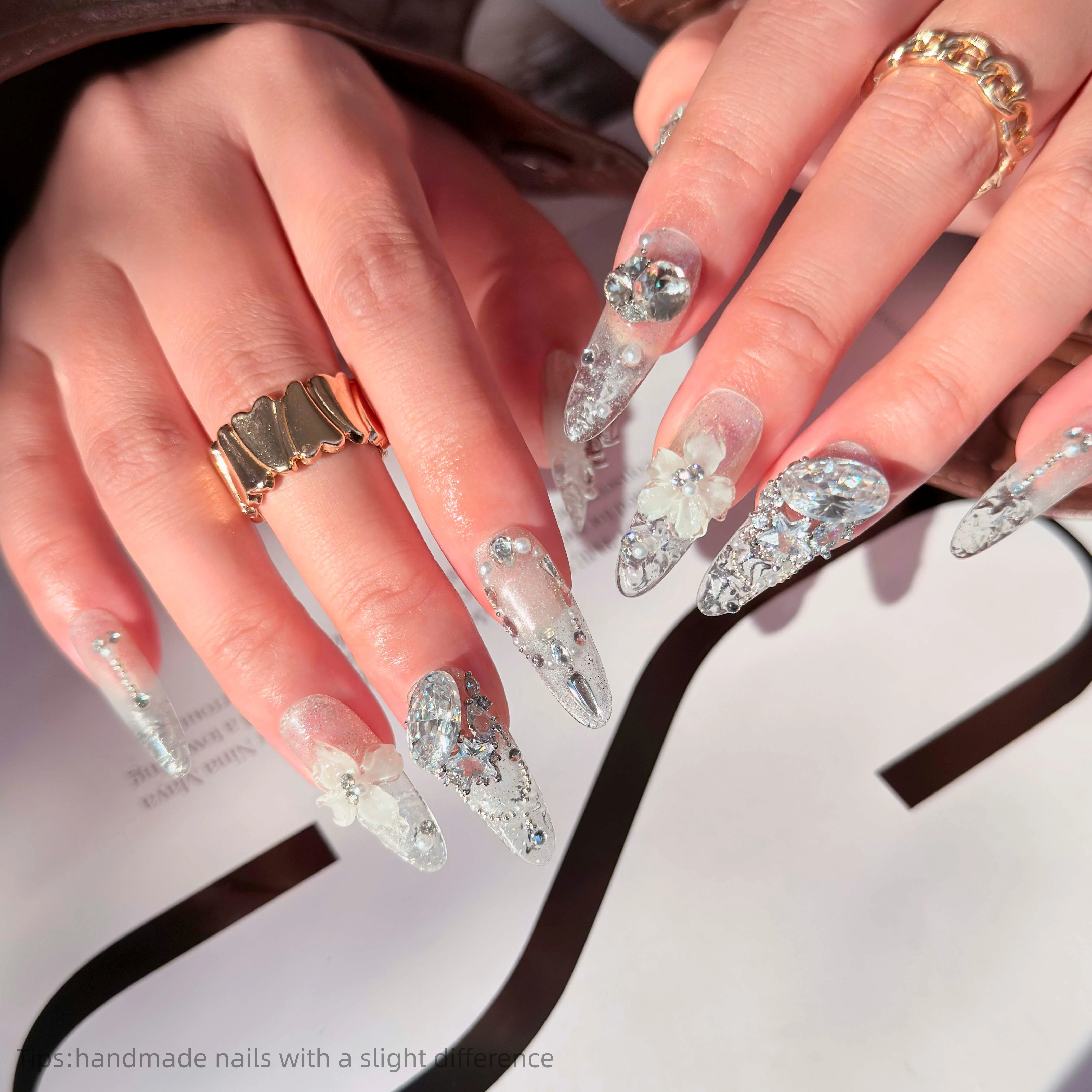 

10pcs Handmade Clear White Rhinestone Jewel Press on Nails Almond Long Full Cover Wearable Reusable Shiny Elegant False Nails