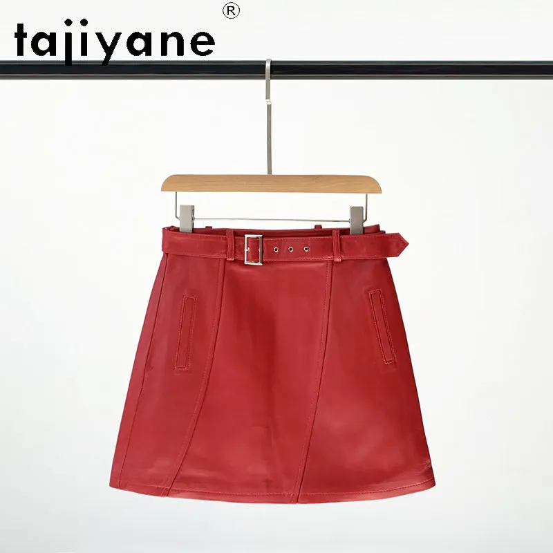 TAJIYANE Real Leather Skirt Sheepskin A-line Bodycon Skirts for Woman Short Red Skirt High Waist Slim-fit Women's Skirts Belt