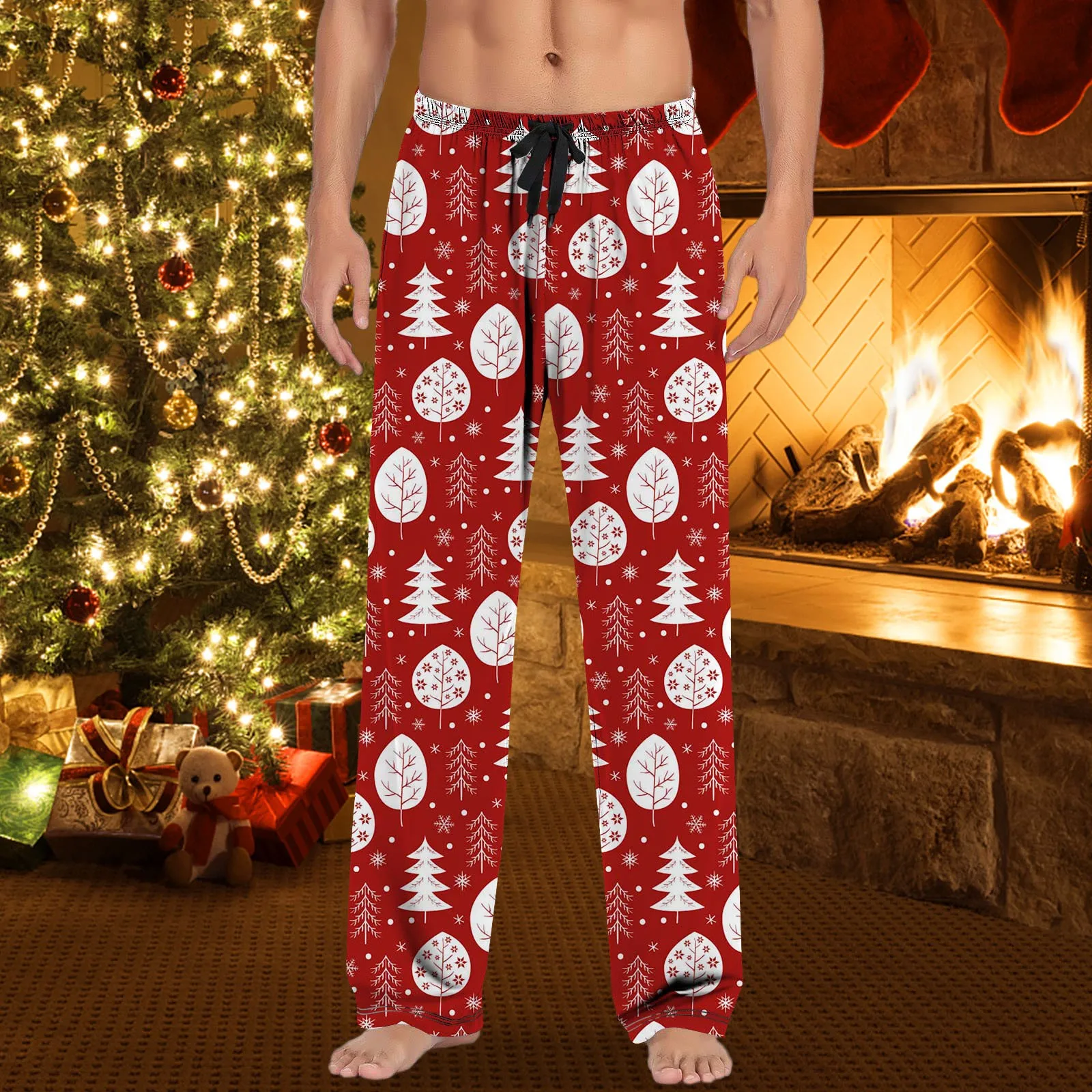 Men Christmas Tree Pajama Pants Pockets Sleepwear Pants Elastic Waist Straight Bottom Pants Drawstring Men's Lounge Trousers