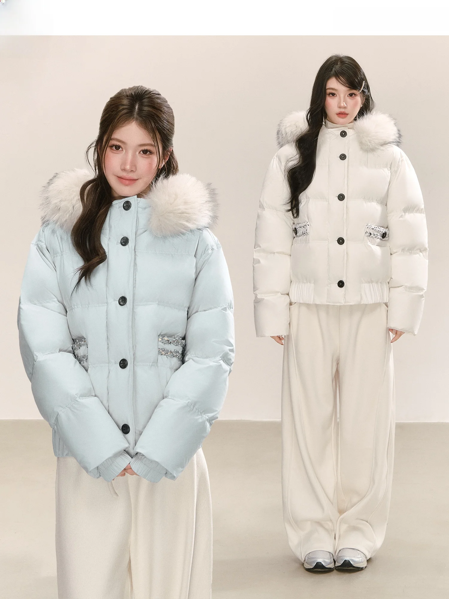 

QDQD Luxury White Du down Puffer Jaet Hooded Thi Warm Bread Sle Coat with Fur Collar for Women Winter Outerwear